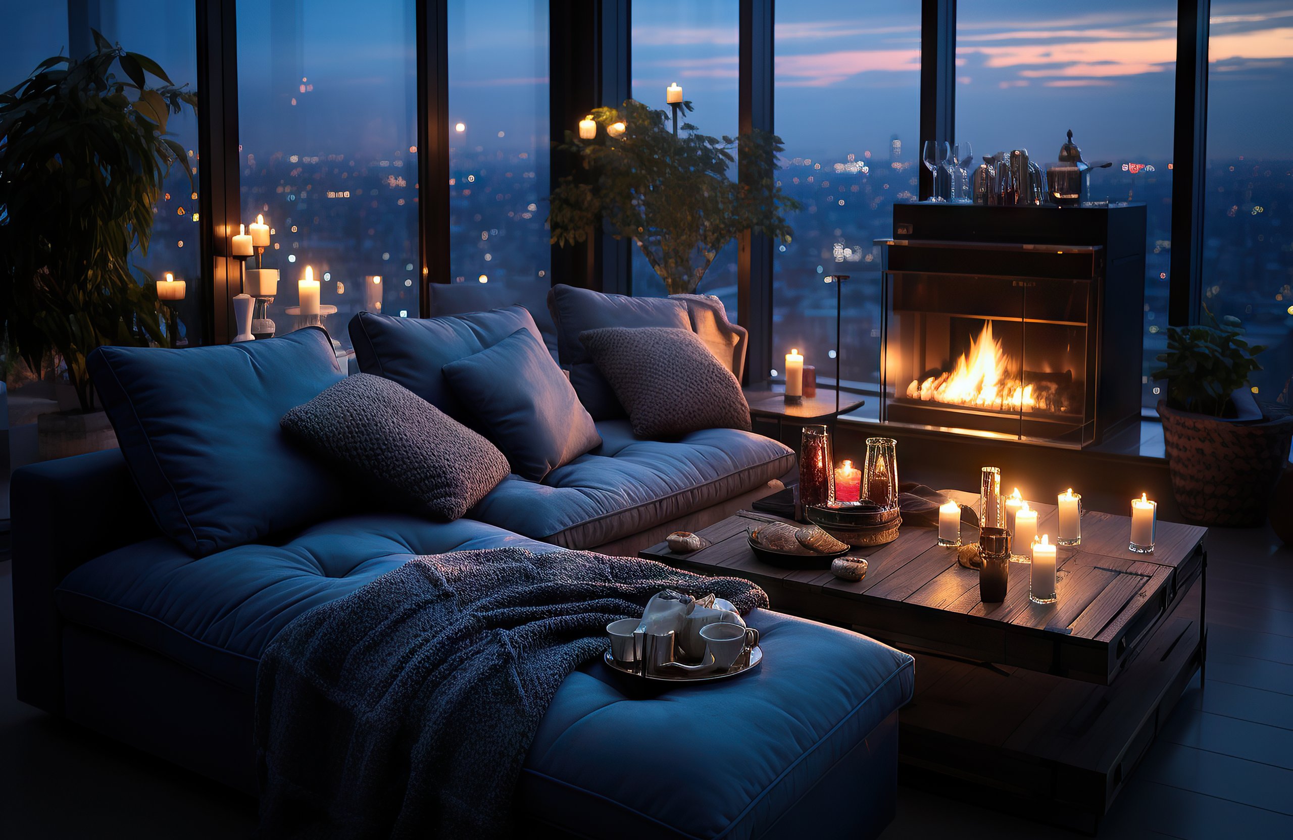 Living room with fireplace on a high floor - Wallpapers for Apple MacBook Air 13 M2″ in 2560x1664 resolution