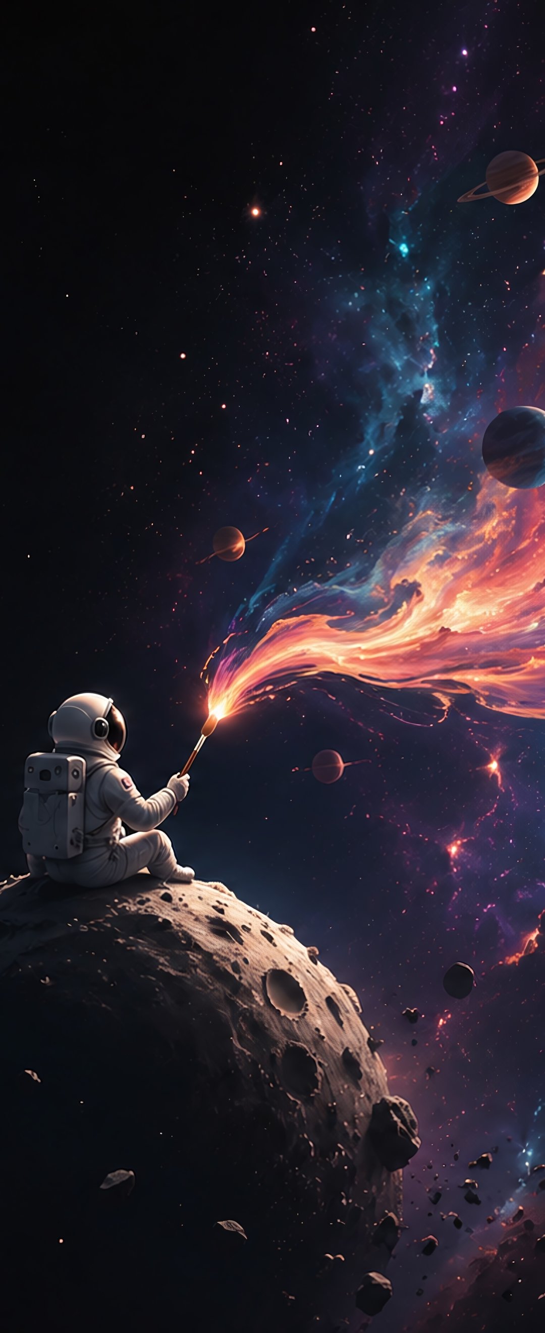 Astronaut draws the universe with a brush - Wallpapers for Samsung Galaxy Z Flip6, Motorola Razr 2025 in 1080x2640 resolution