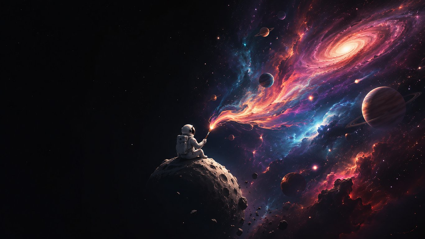 Astronaut draws the universe with a brush - Laptop Wallpapers in 1366x768 resolution