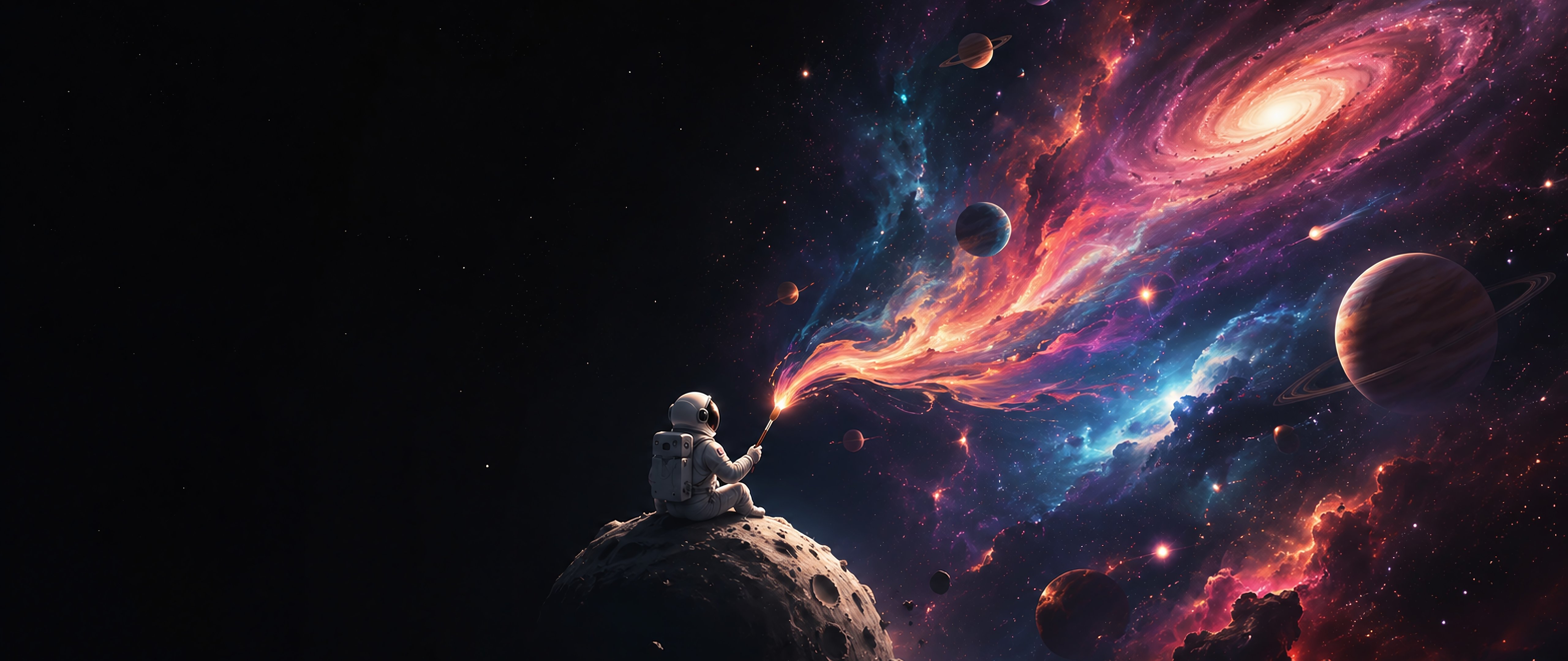 Космонавт рисует вселенную кисточкой - 5K2K UltraWide 21:9 обои в разрешении 5120x2160