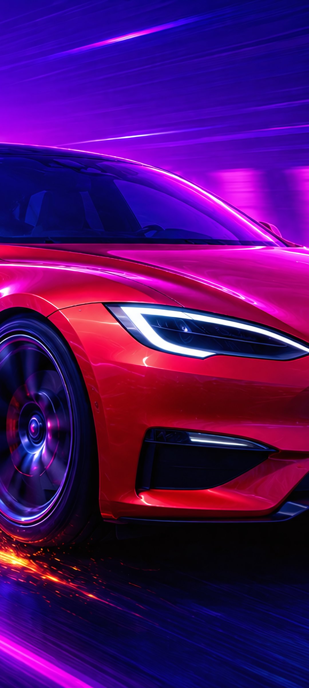 Tesla Model S Plaid в неоновом свете - Обои для Samsung Galaxy M55, POCO M4/X4/X5, Xiaomi Redmi 12/13/Note 13/Note 14/Note 14S в разрешении 1080x2400