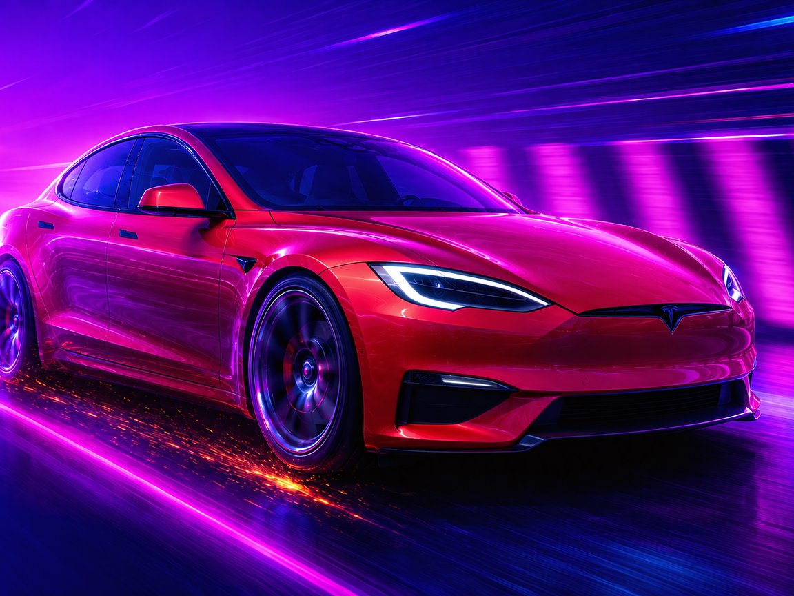 Tesla Model S Plaid в неоновом свете - XGA+ обои в разрешении 1152x864