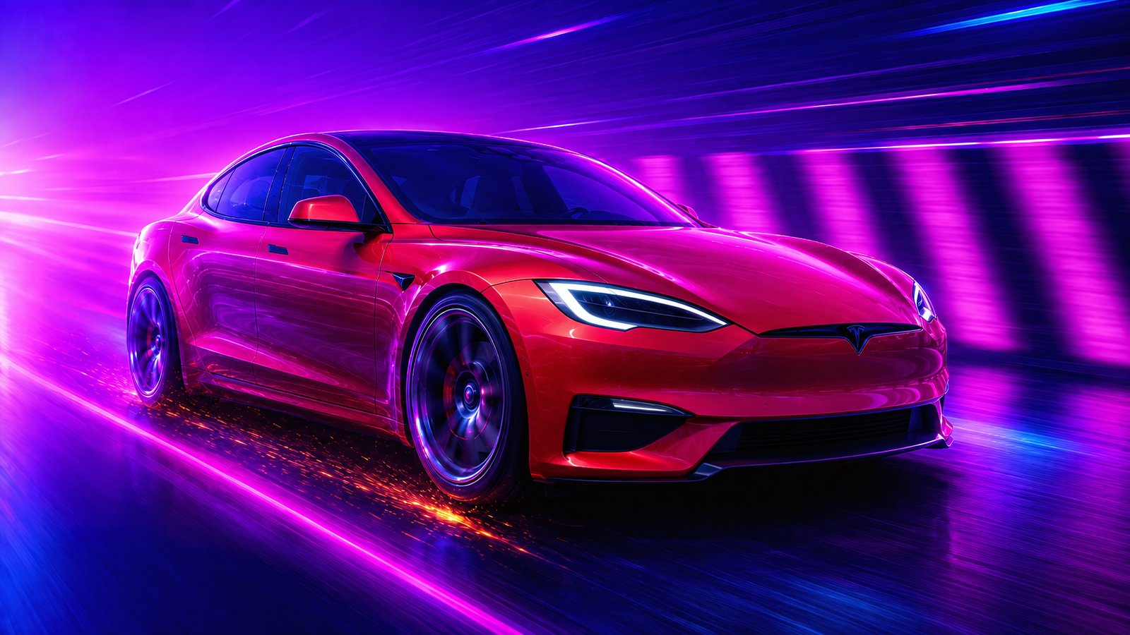 Tesla Model S Plaid в неоновом свете - wXGA++ обои в разрешении 1600x900