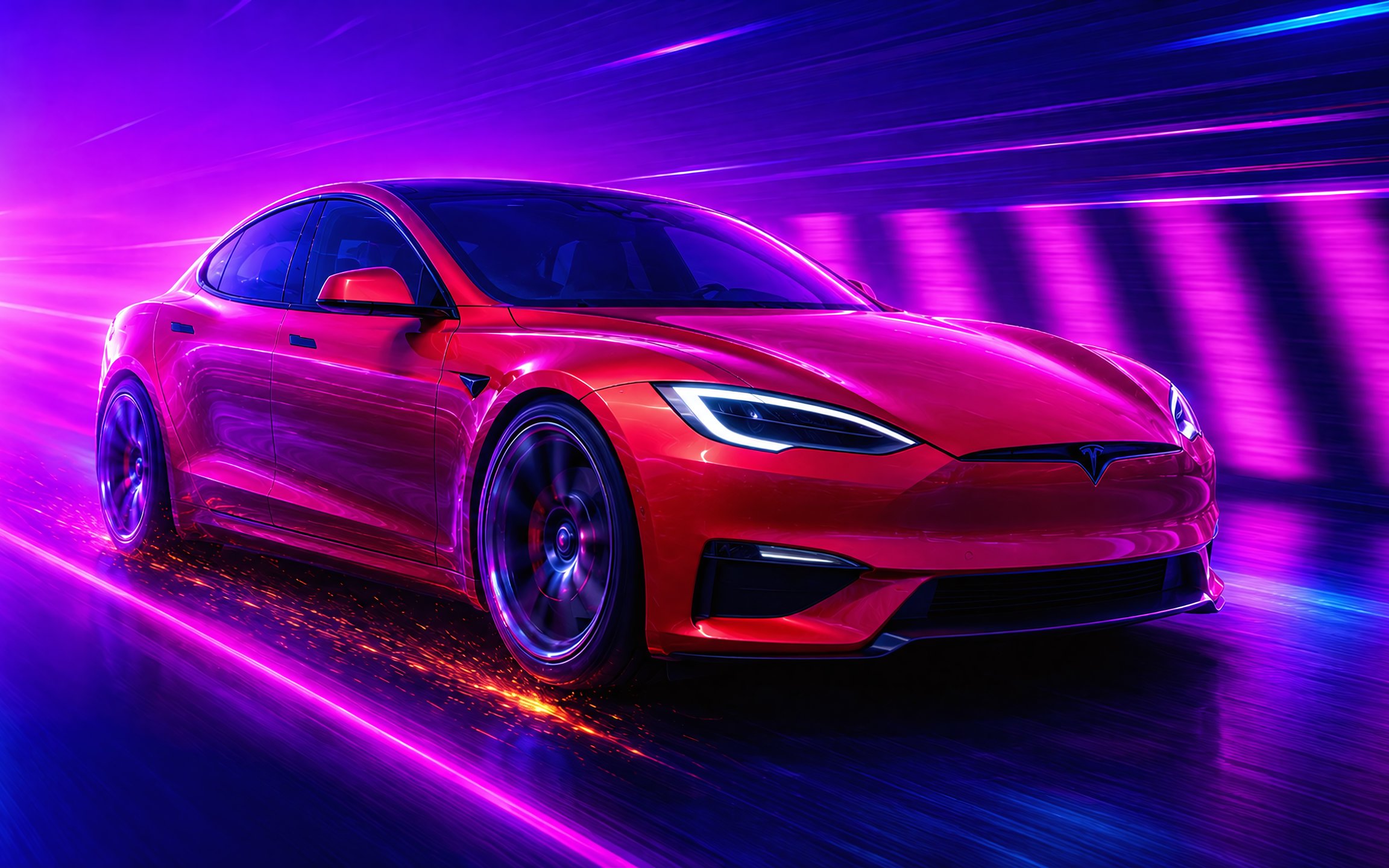 Tesla Model S Plaid в неоновом свете - Обои для Apple MacBook 12″ в разрешении 2304x1440