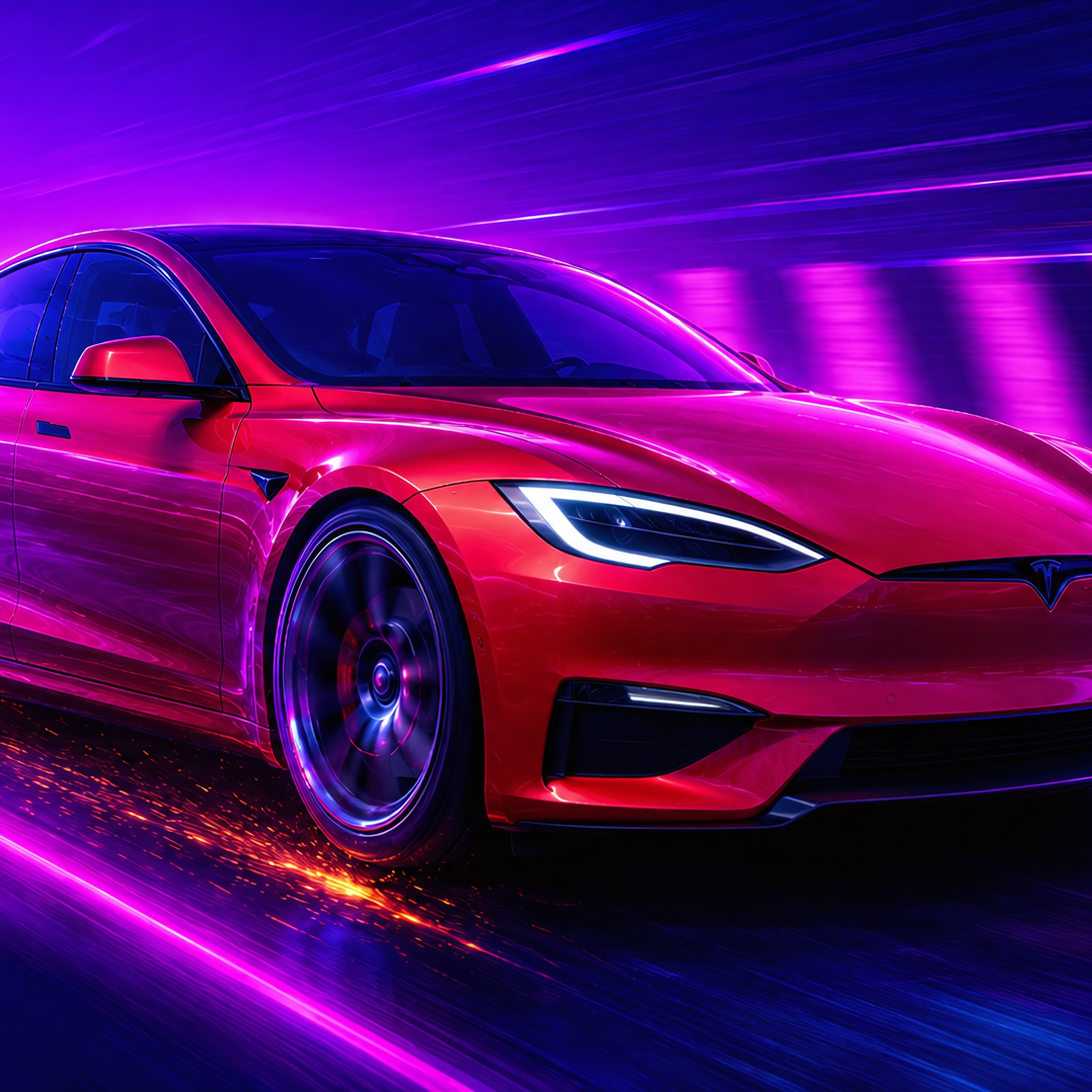 Tesla Model S Plaid in Neon Light - Wallpapers for iPad Pro 12.9″ in 2732x2732 resolution