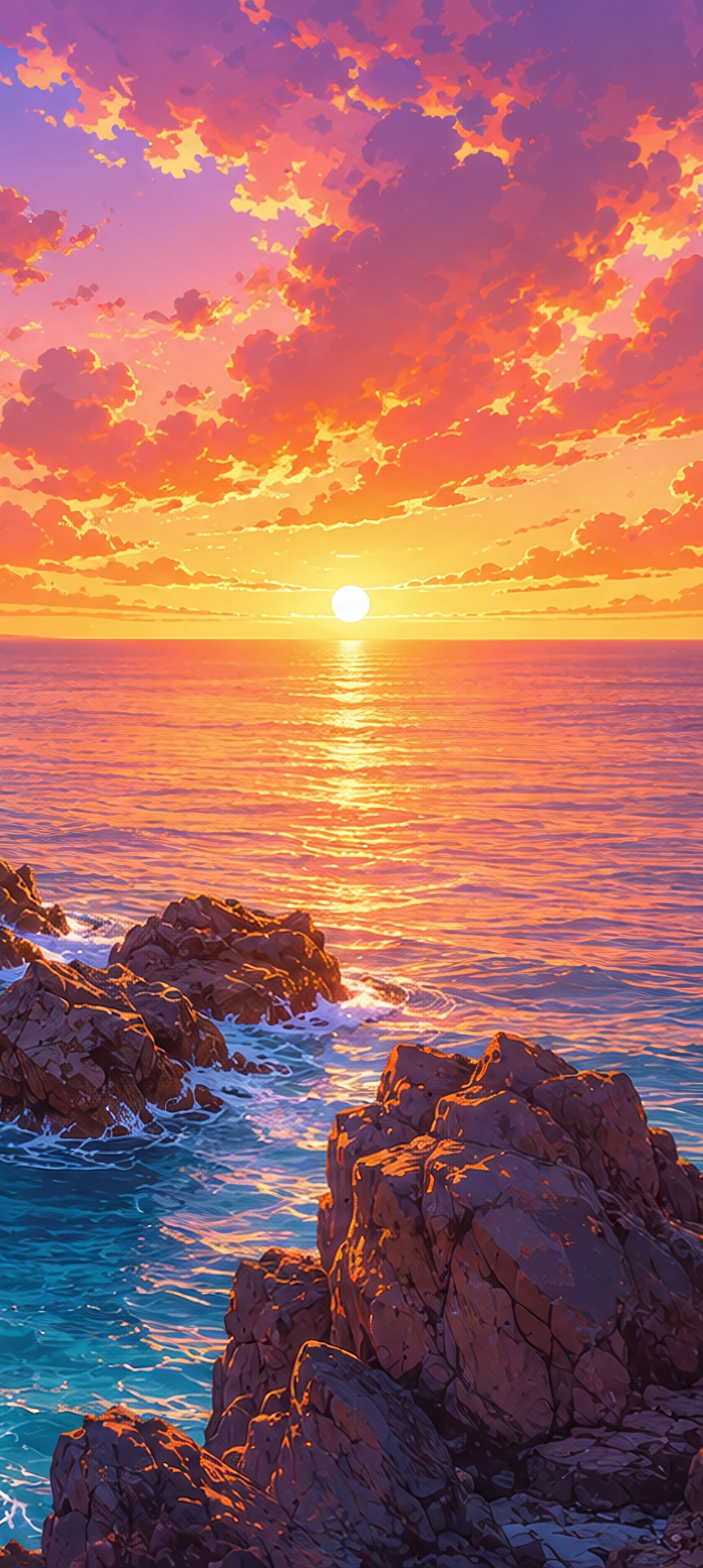 Red sunset over the rocky coast - Wallpapers for Samsung Galaxy A13/A14/A53, Realme 12 Pro 5G, POCO M5 in 1080x2408 resolution