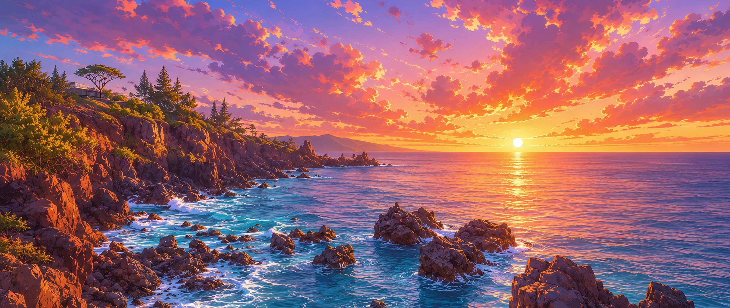 Red sunset over the rocky coast - UltraWide 21:9 wallpapers in 2560x1080 resolution
