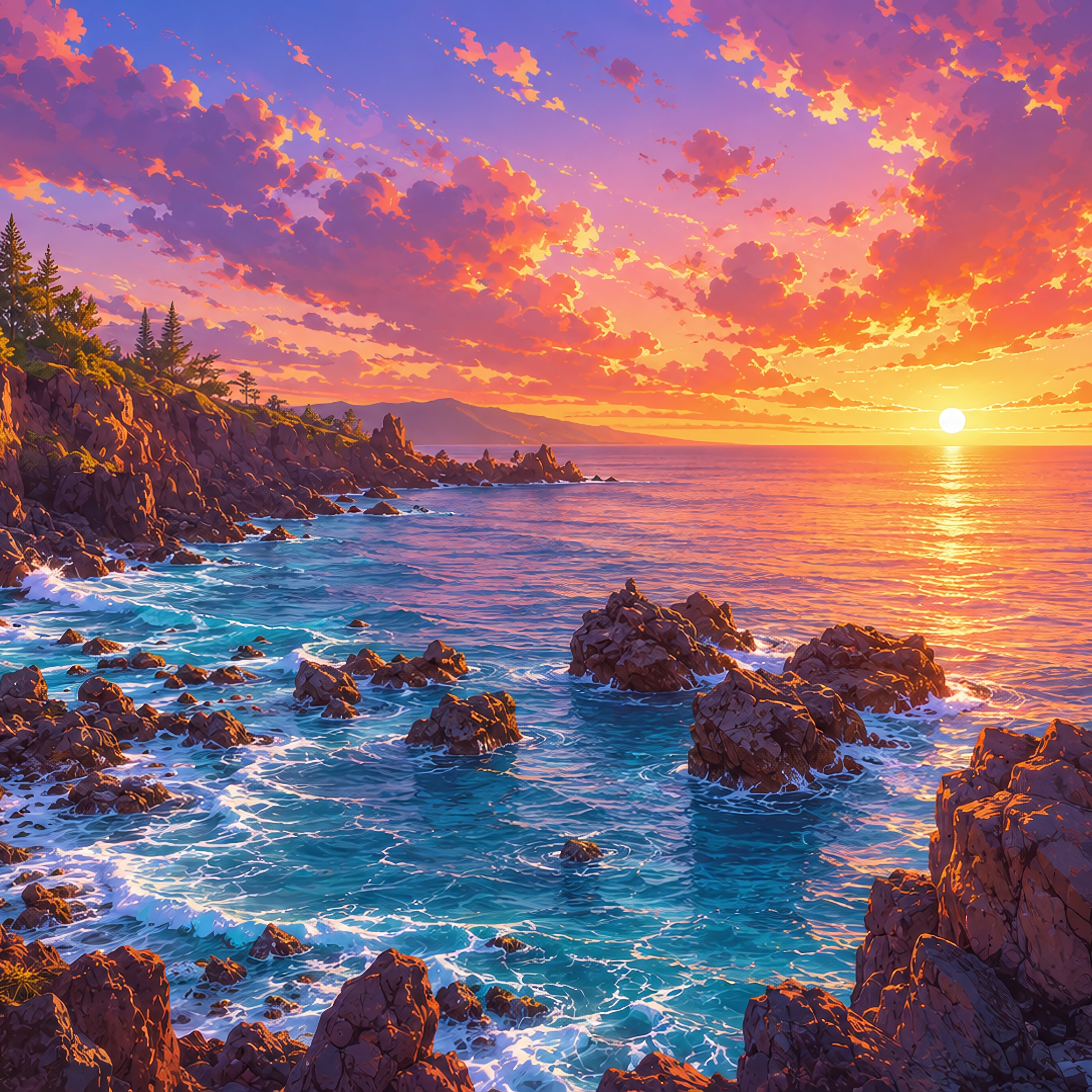 Red sunset over the rocky coast - Wallpapers for iPad Pro 13″ in 2752x2752 resolution