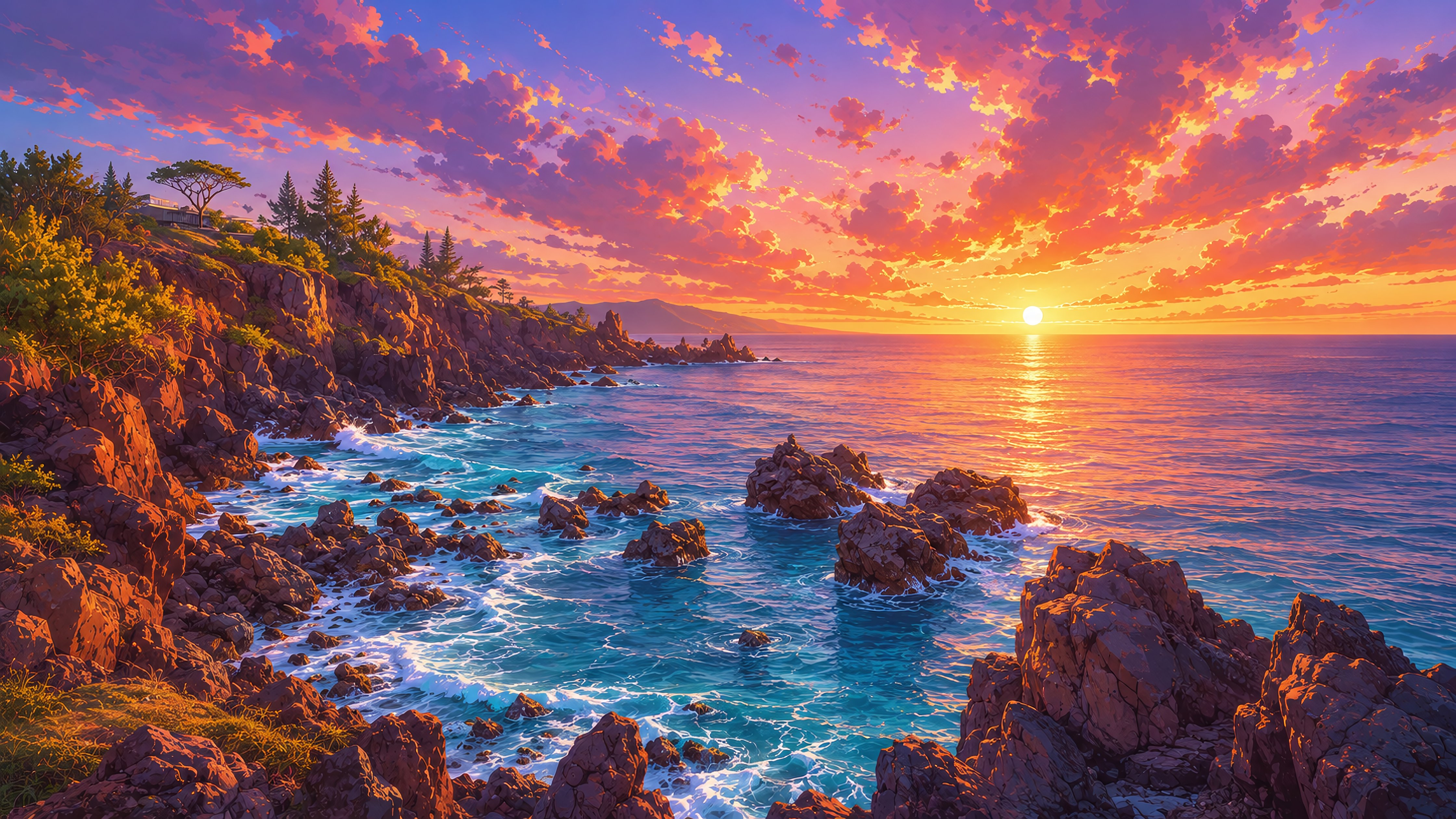 Red sunset over the rocky coast - Wallpapers for Apple iMac 24″ in 4480x2520 resolution