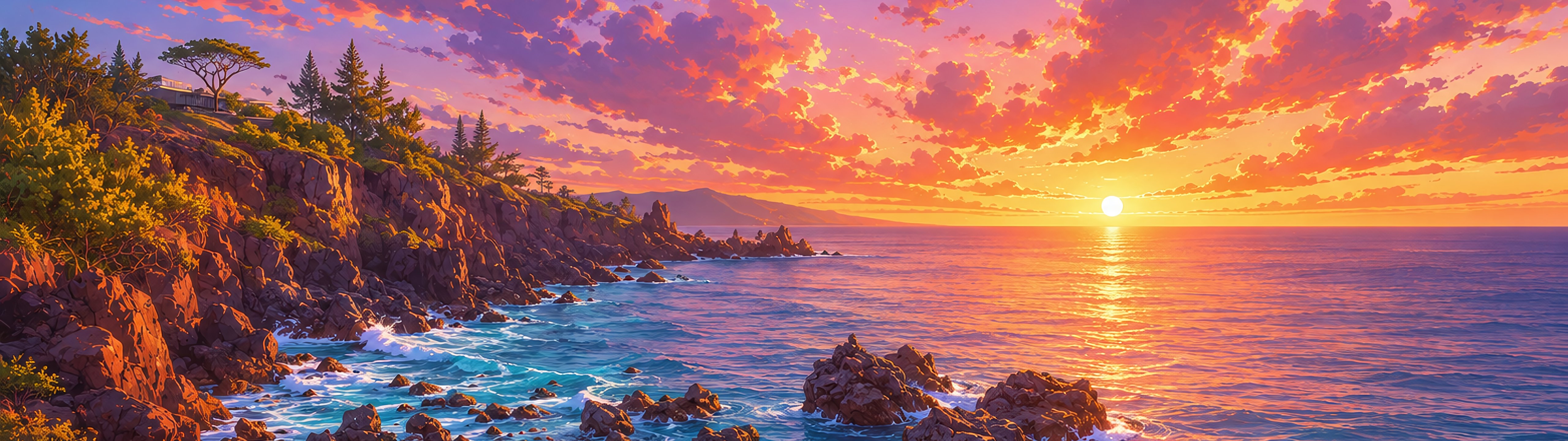 Red sunset over the rocky coast - UltraWide 32:9 wallpapers in 5120x1440 resolution