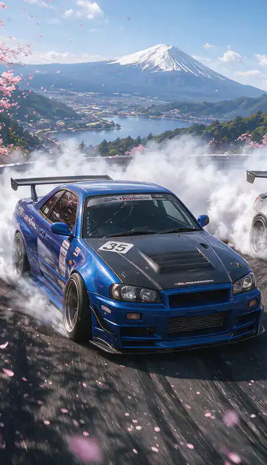 mountains Wallpapers for Samsung Galaxy S8/S8+/Note 8/S9/S9+/Note 9 (1440x2960): drift, Nissan Skyline GTR R34, Nissan GTR R35, Fuji