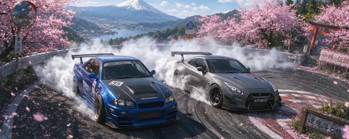 UltraWide 21:9 sakura wallpapers (3440x1440): drift, Nissan Skyline GTR R34, Nissan GTR R35, Fuji