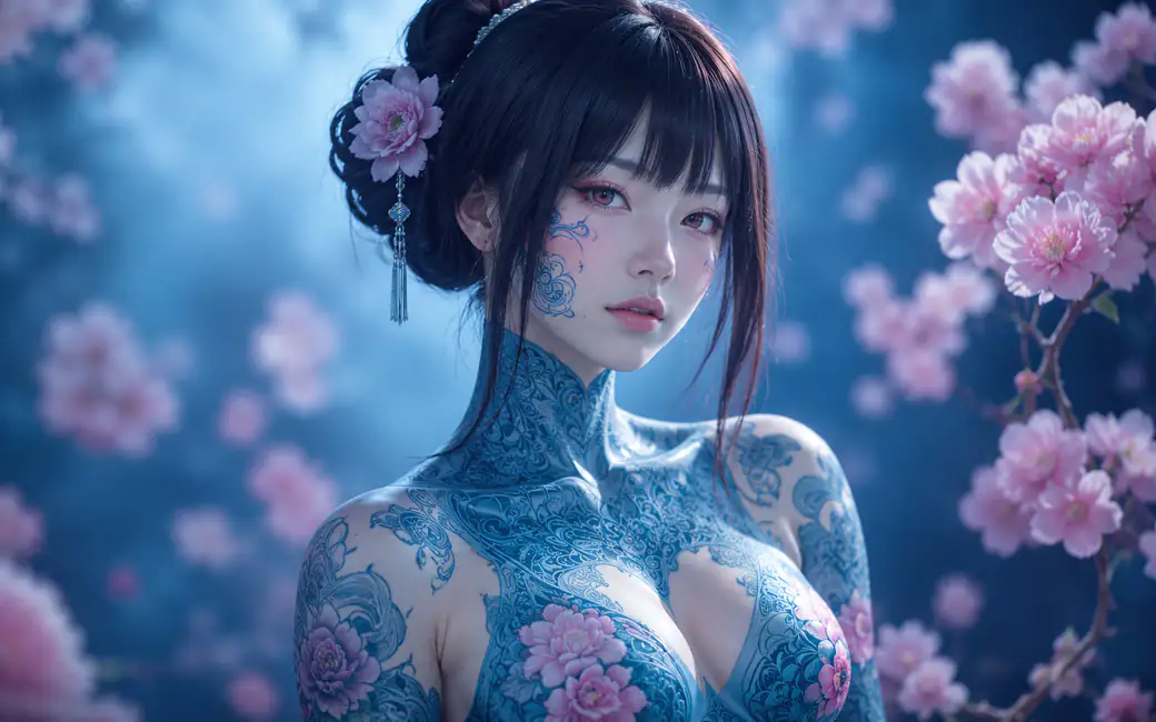 Woman with body art and sakura — desktop and phone wallpaper, free download