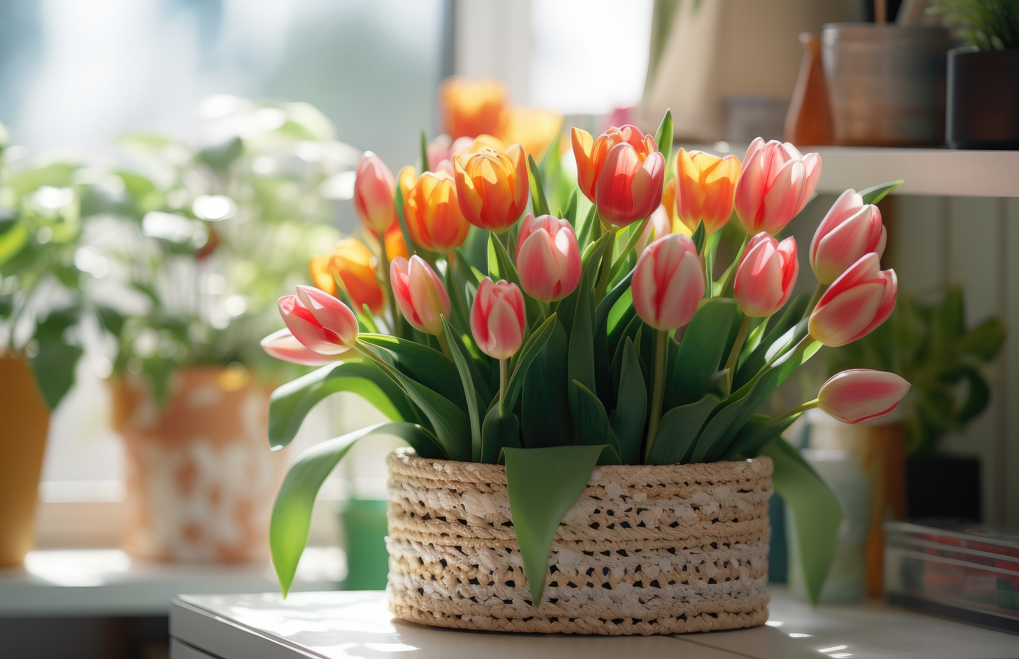 Bouquet of tulips in a basket vase - Wallpapers for Apple MacBook 16.2″ in 3456x2234 resolution