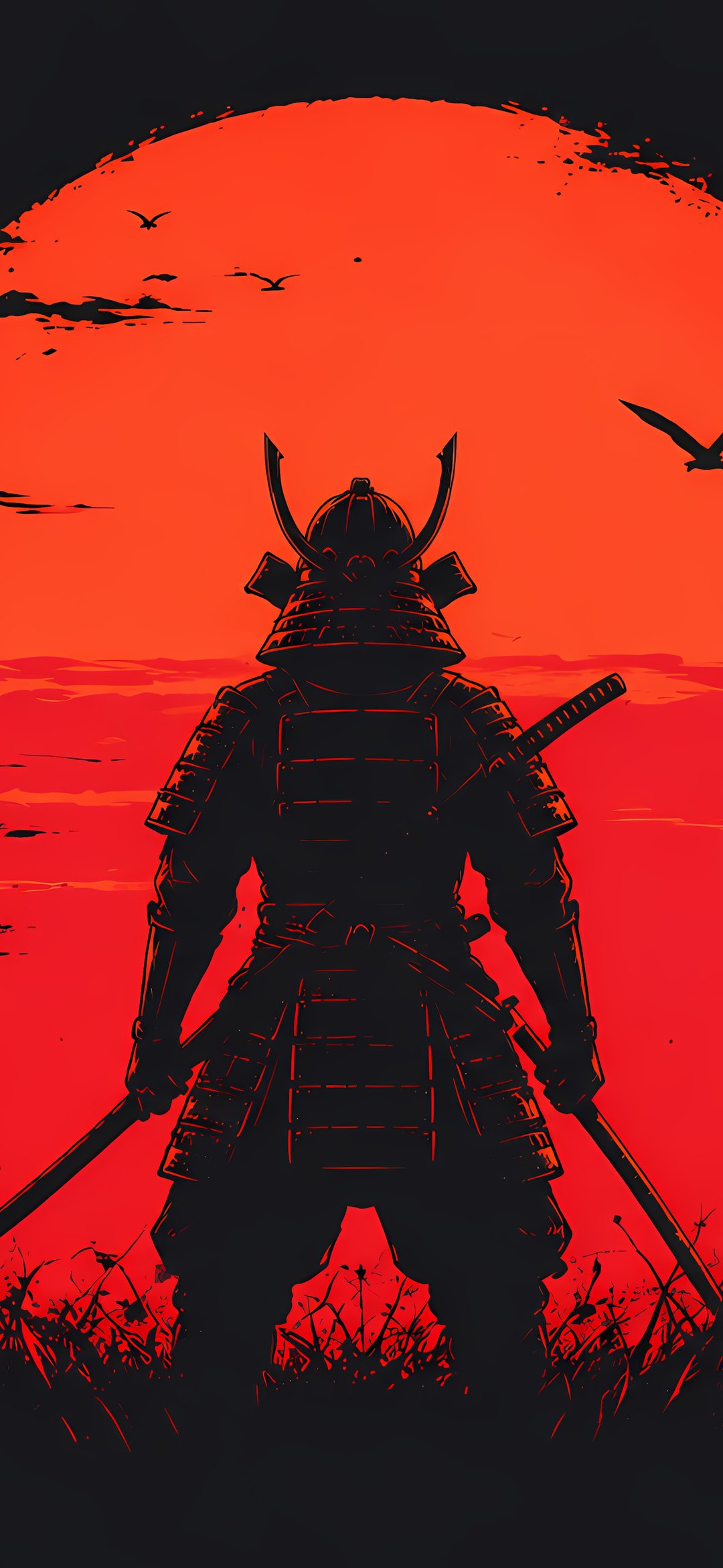 Samurai Warrior with Katana at Sunset - Wallpapers for iPhone 12 mini/13 mini, Samsung Galaxy S24/S24 FE/S25/S25 FE/S26/A55/A56/A35/A26/A16/M15, Xiaomi, Sony Xperia in 1080x2340 resolution