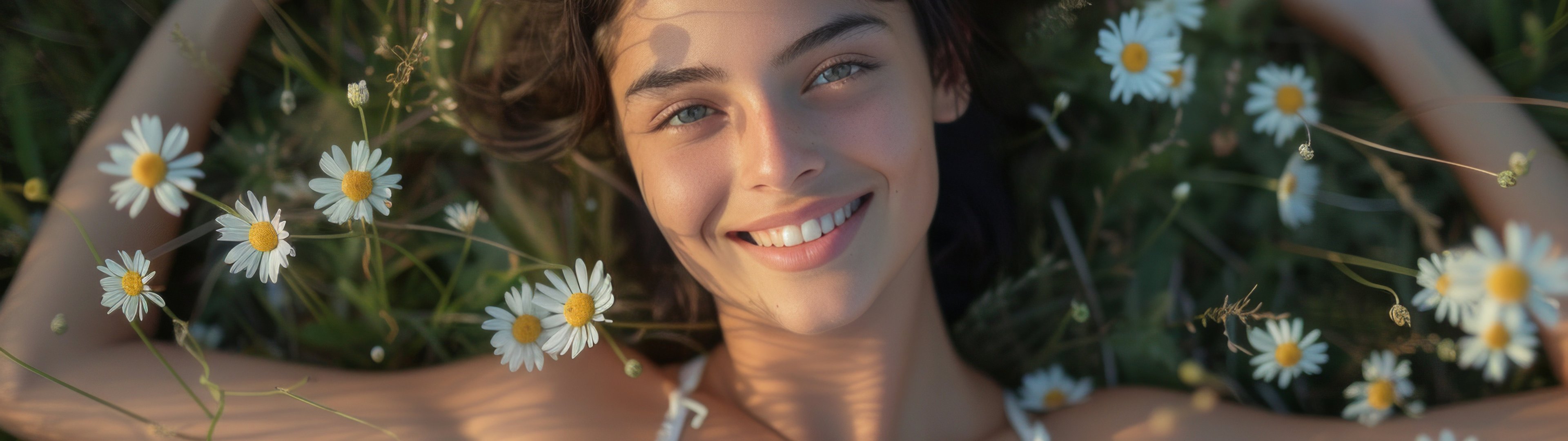 Woman lying in chamomile field - UltraWide 32:9 wallpapers in 3840x1080 resolution