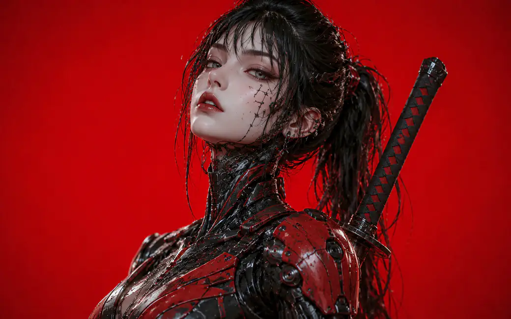 Cyborg Samurai Woman with Katana — desktop and phone wallpaper, free download