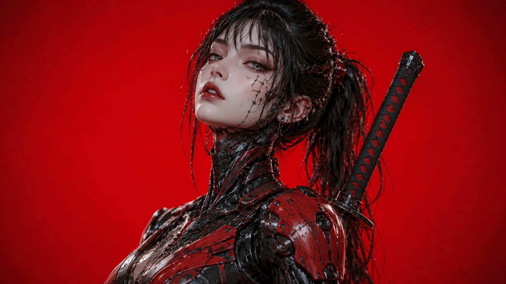 Cyborg Samurai Woman with Katana - QWXGA wallpapers in 2048x1152 resolution