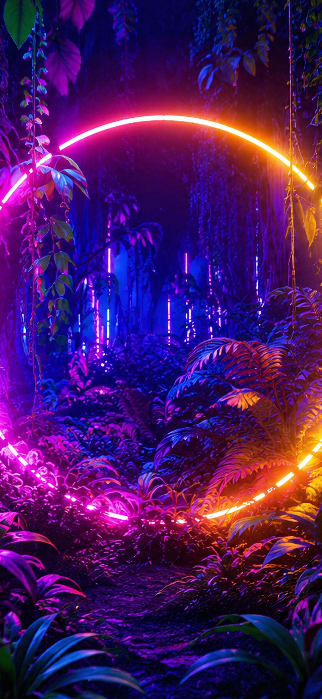 Neon Ring in Jungle - Wallpapers for iPhone 12 mini/13 mini, Samsung Galaxy S24/S24 FE/S25/S25 FE/S26/A55/A56/A35/A26/A16/M15, Xiaomi, Sony Xperia in 1080x2340 resolution