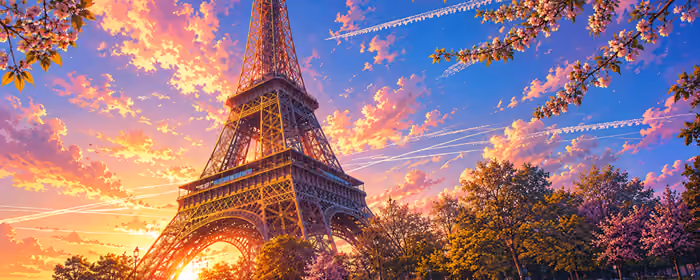 UltraWide 21:9 Cherry blossoms wallpapers (2560x1080): Eiffel Tower, Paris, France, Europe