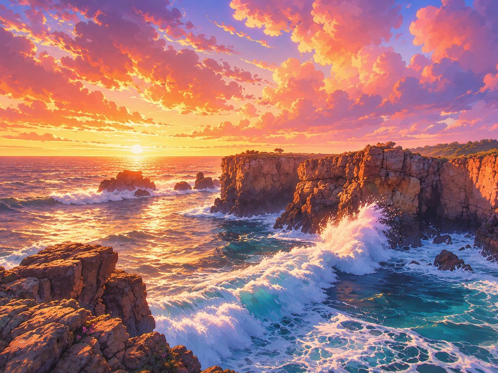 Rocky coast with ocean at sunset - XVGA wallpapers in 1024x768 resolution