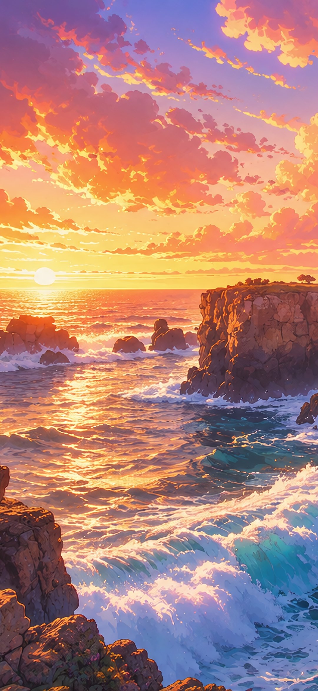 Rocky coast with ocean at sunset - Wallpapers for iPhone 12 mini/13 mini, Samsung Galaxy S24/S24 FE/S25/S25 FE/S26/A55/A56/A35/A26/A16/M15, Xiaomi, Sony Xperia in 1080x2340 resolution