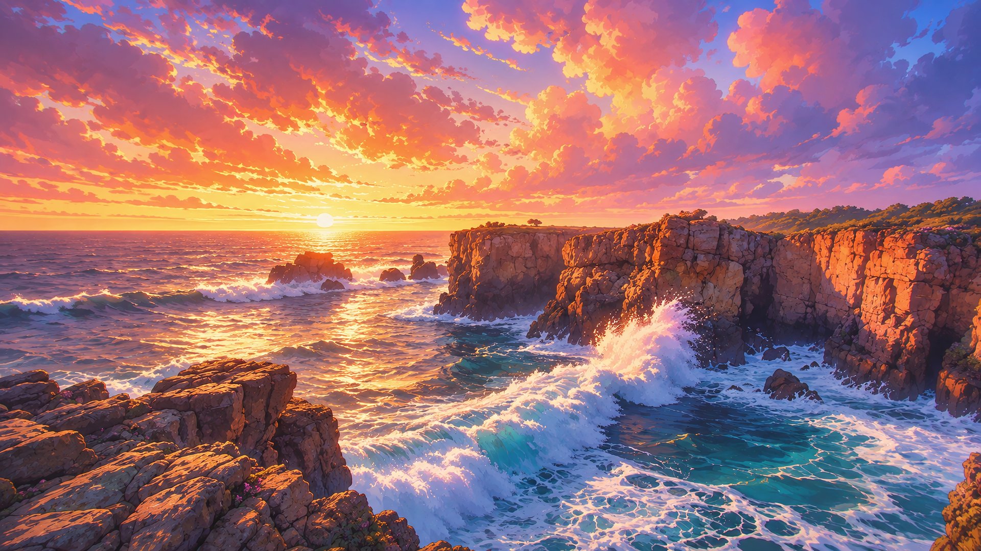 Rocky coast with ocean at sunset - Full HD wallpapers in 1920x1080 resolution