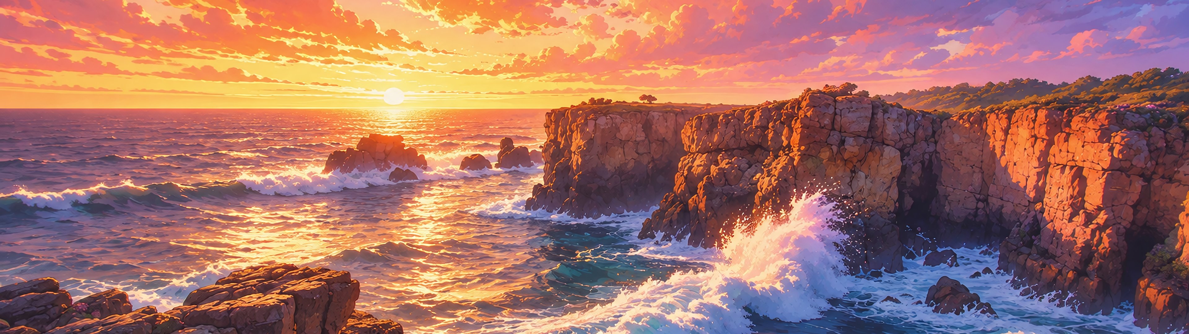Rocky coast with ocean at sunset - UltraWide 32:9 wallpapers in 3840x1080 resolution