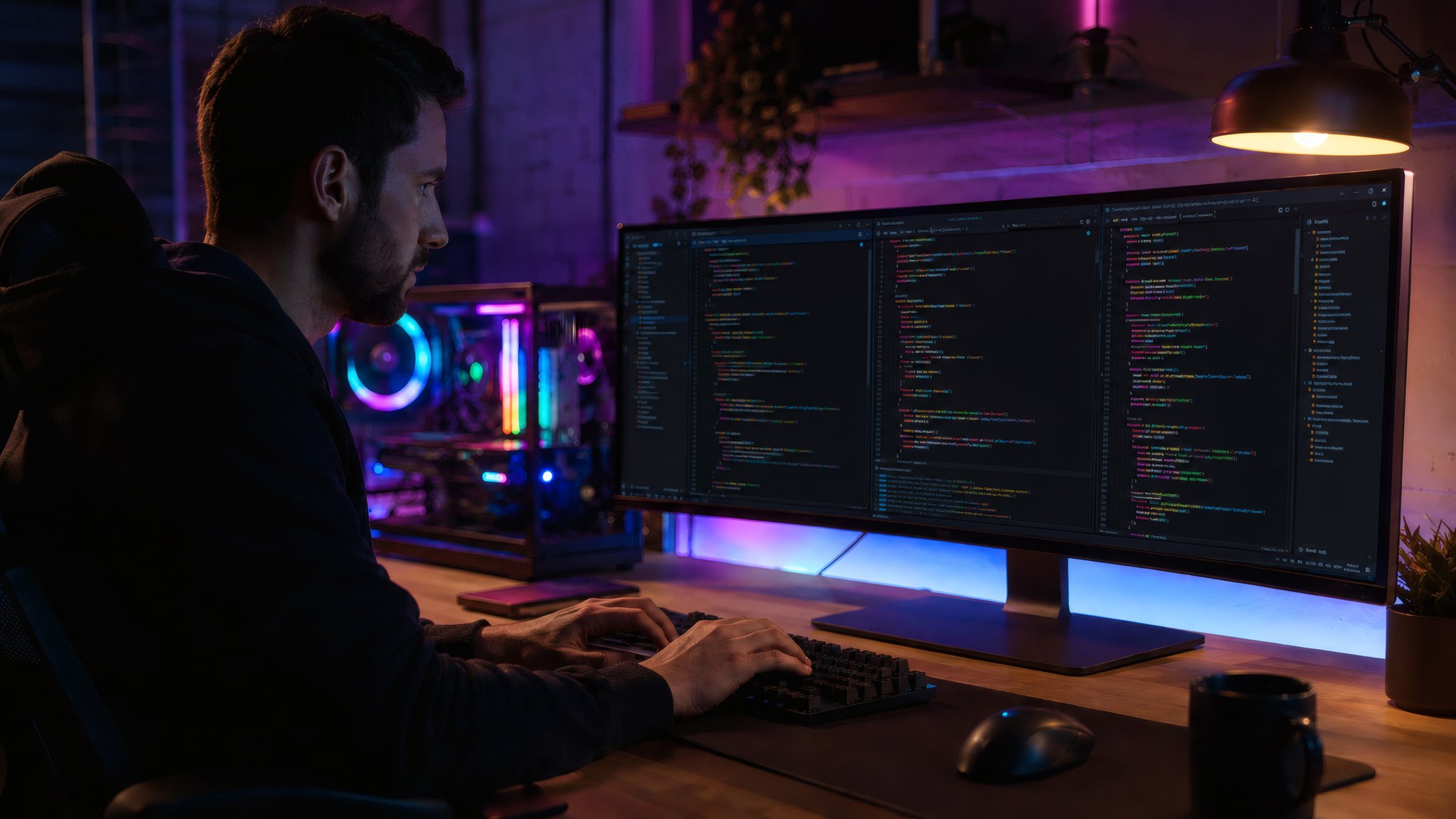 Programmer at Night Workspace - QWXGA wallpapers in 2048x1152 resolution