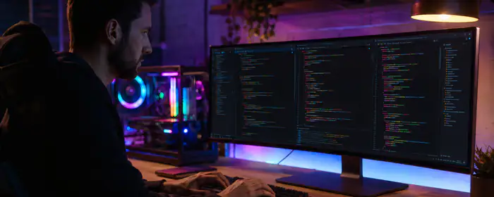 UltraWide 32:9 wallpapers (3840x1080): programmer, monitor, code, man