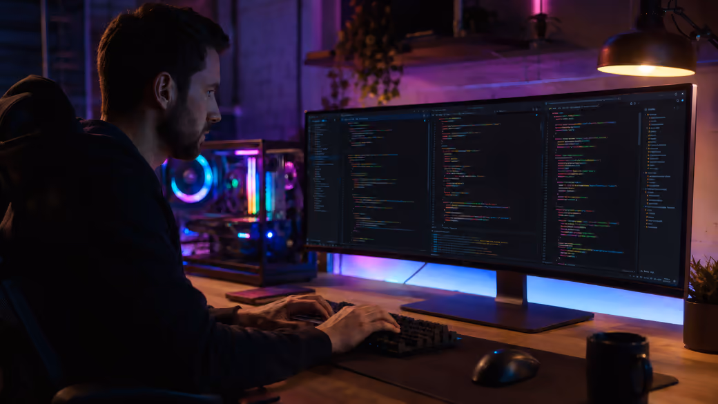 Programmer at Night Workspace - UltraWide 21:9 wallpapers in 2560x1080 resolution