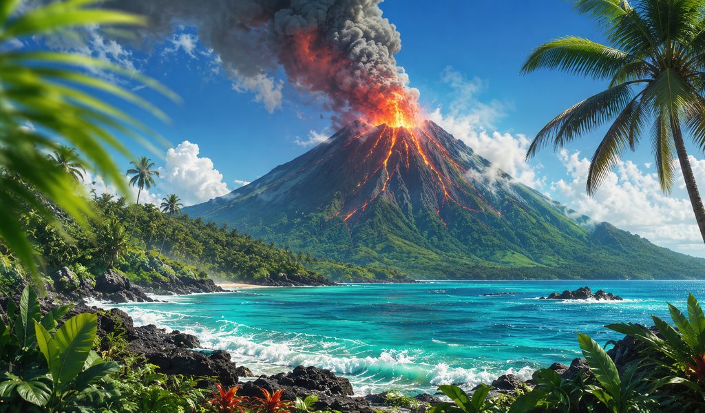 Volcano Eruption on Tropical Island - WSVGA wallpapers in 1024x600 resolution