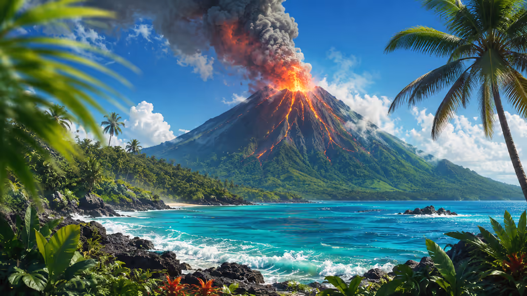 Volcano Eruption on Tropical Island — desktop and phone wallpaper, free download