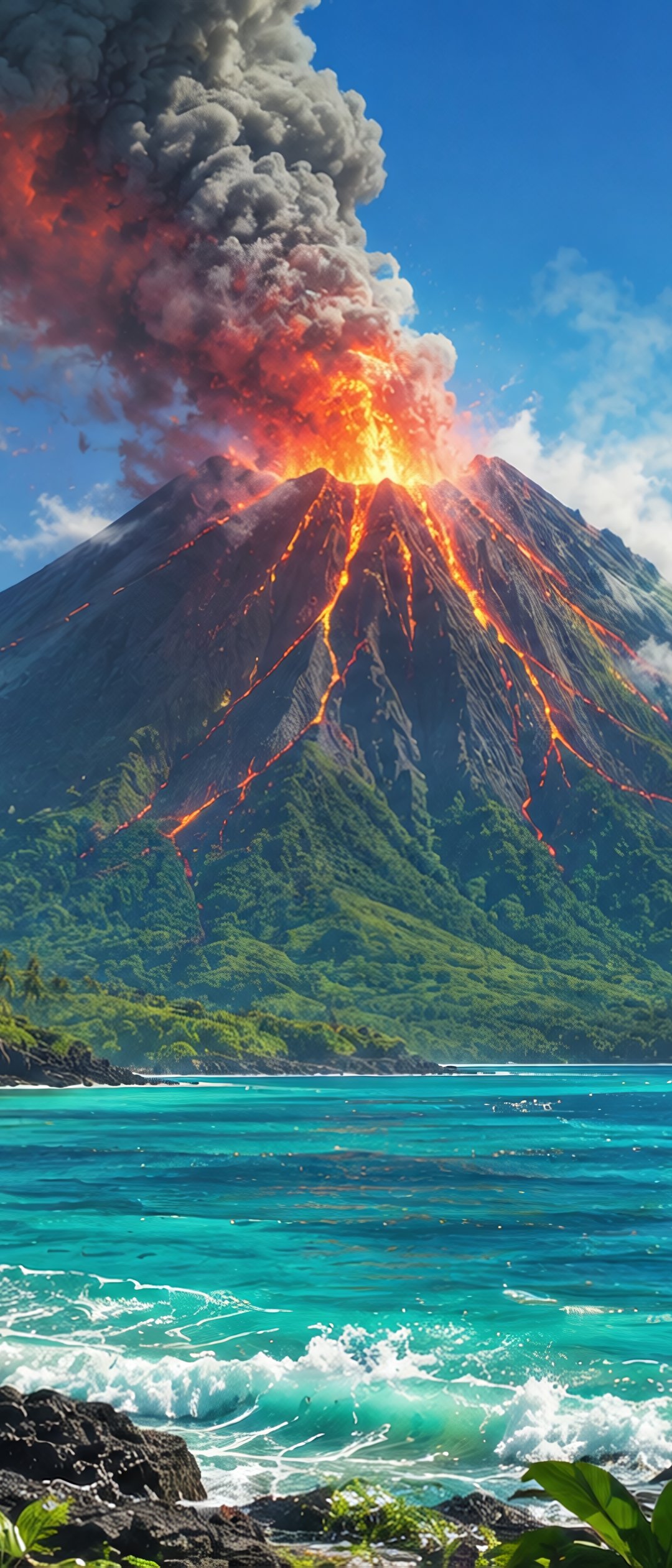 Volcano Eruption on Tropical Island - Wallpapers for Samsung Galaxy Z Flip7, Sony Xperia 5 II/5 III/5 V/10 IV/10 V, Xiaomi Mix Fold 3 in 1080x2520 resolution