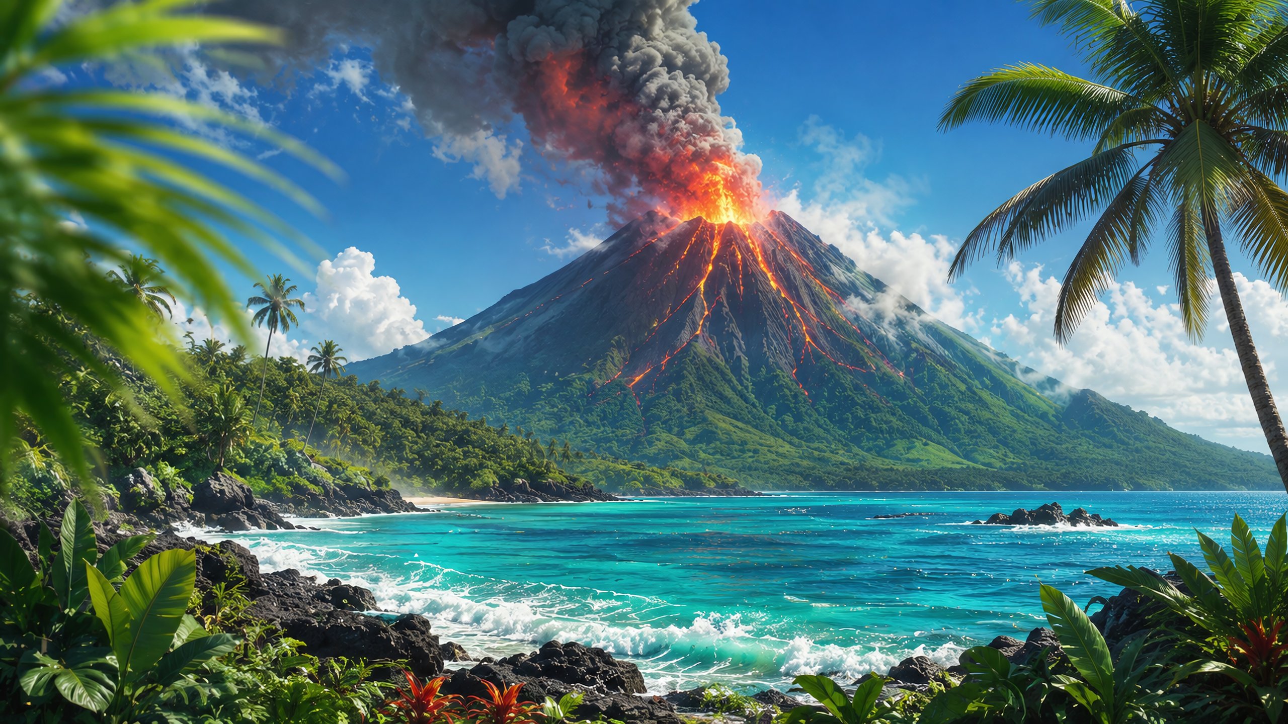 Volcano Eruption on Tropical Island - 2K Quad HD wallpapers in 2560x1440 resolution
