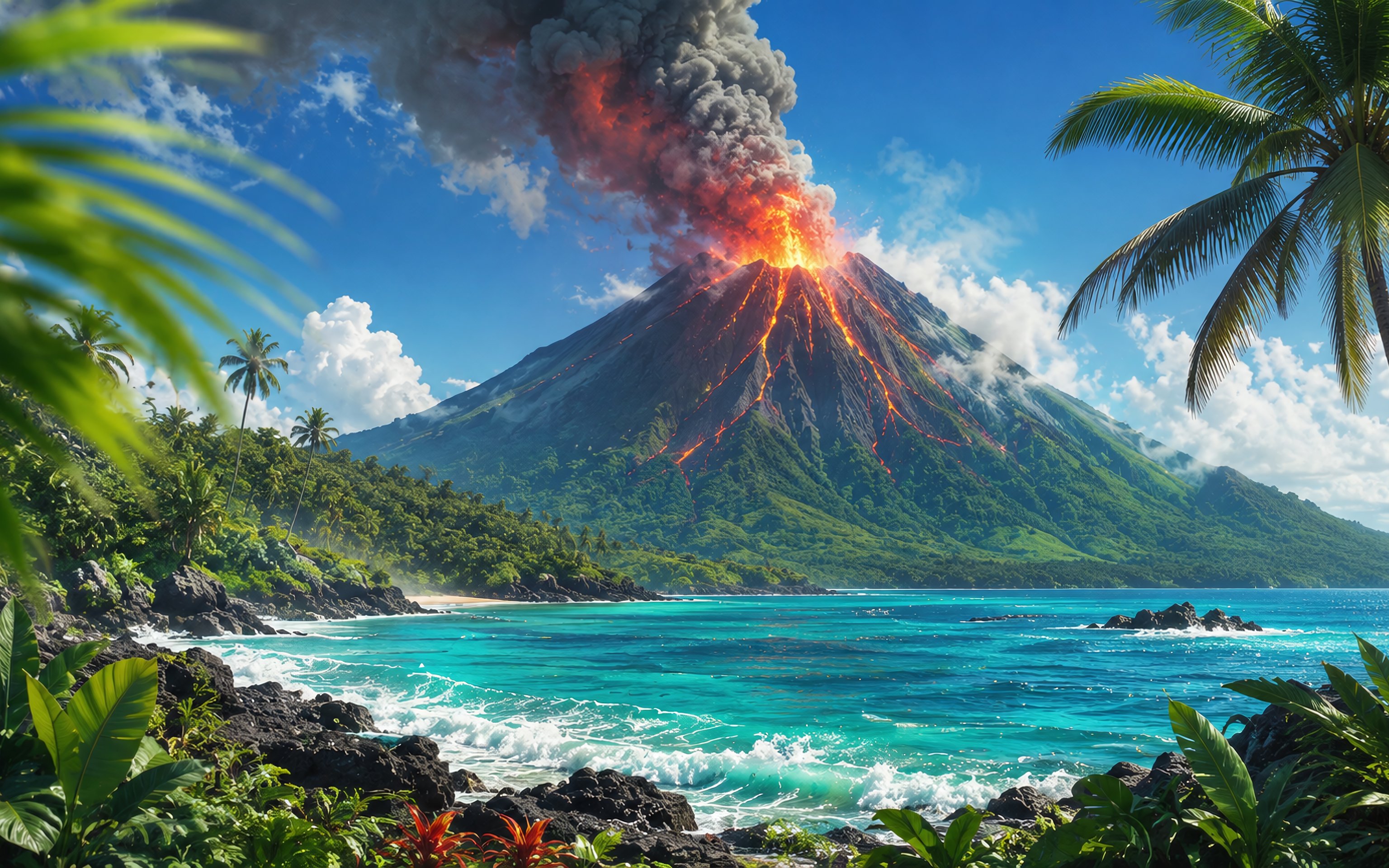 Volcano Eruption on Tropical Island - Wallpapers for Apple MacBook 16″ in 3072x1920 resolution