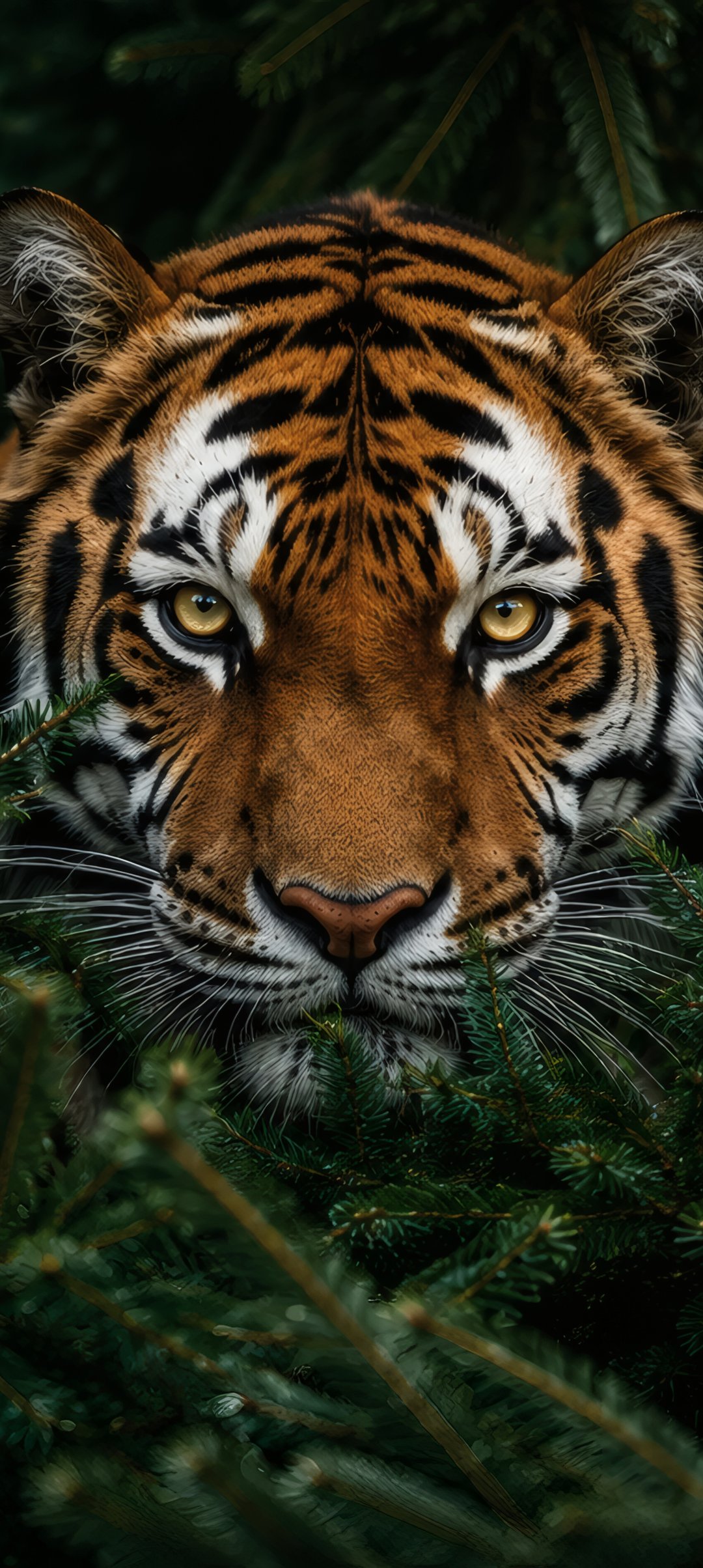 Tiger among pine branches - Wallpapers for Samsung Galaxy A13/A14/A53, Realme 12 Pro 5G, POCO M5 in 1080x2408 resolution