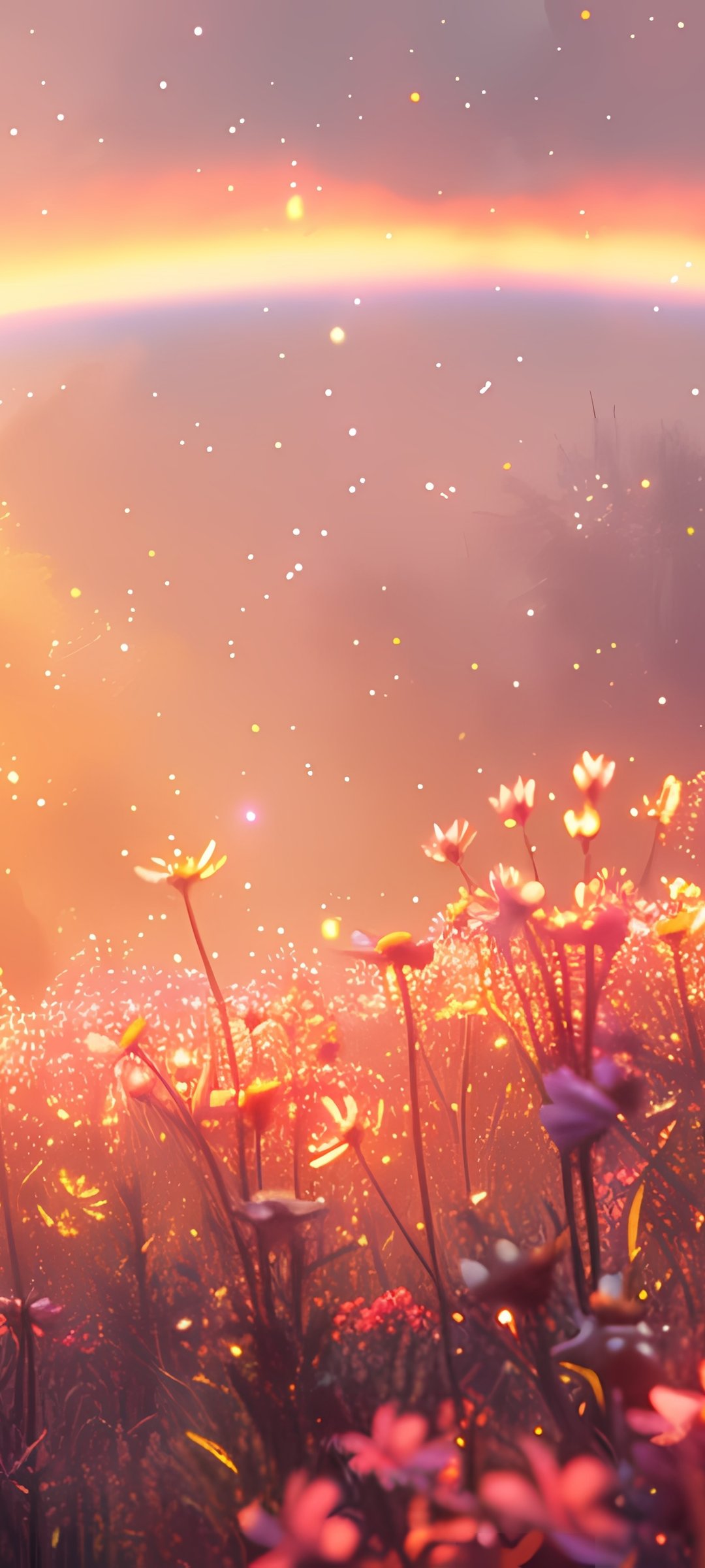 Colorful rainbow over a flower field - Wallpapers for Samsung Galaxy M55, POCO M4/X4/X5, Xiaomi Redmi 12/13/Note 13/Note 14/Note 14S in 1080x2400 resolution
