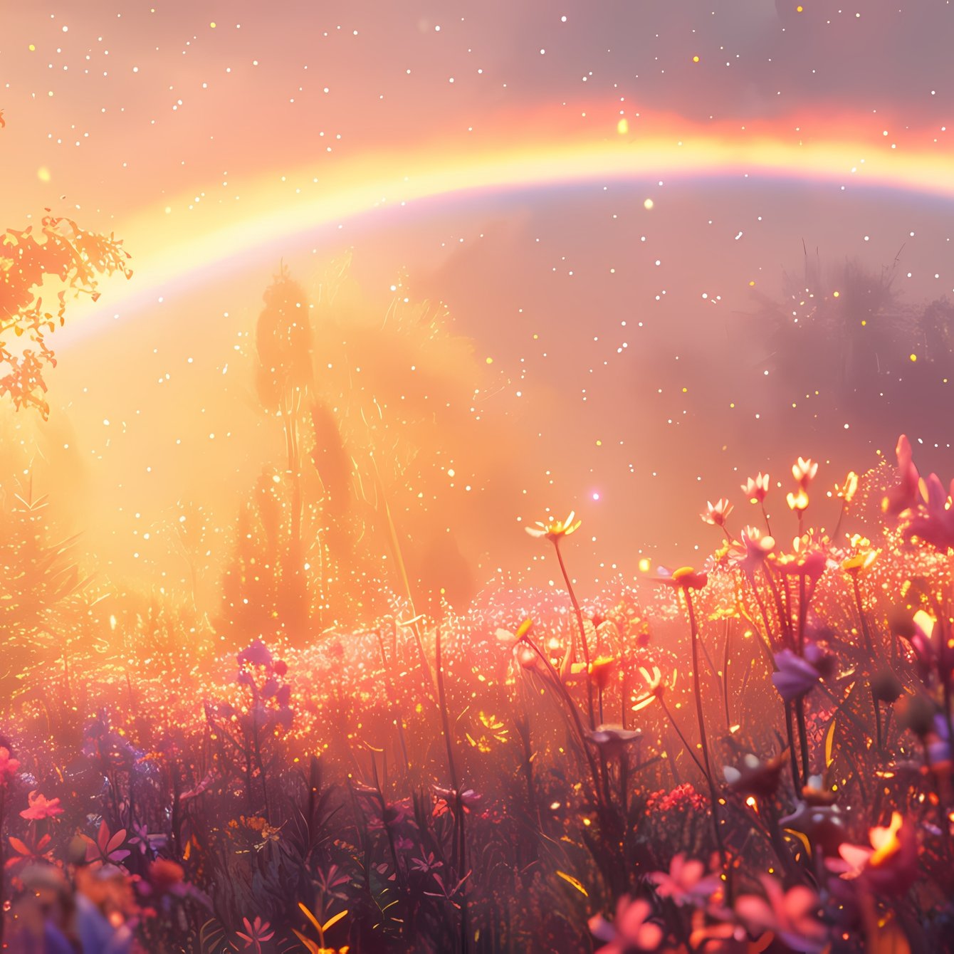 Colorful rainbow over a flower field - Wallpapers for Samsung Galaxy Tab in 1340x1340 resolution