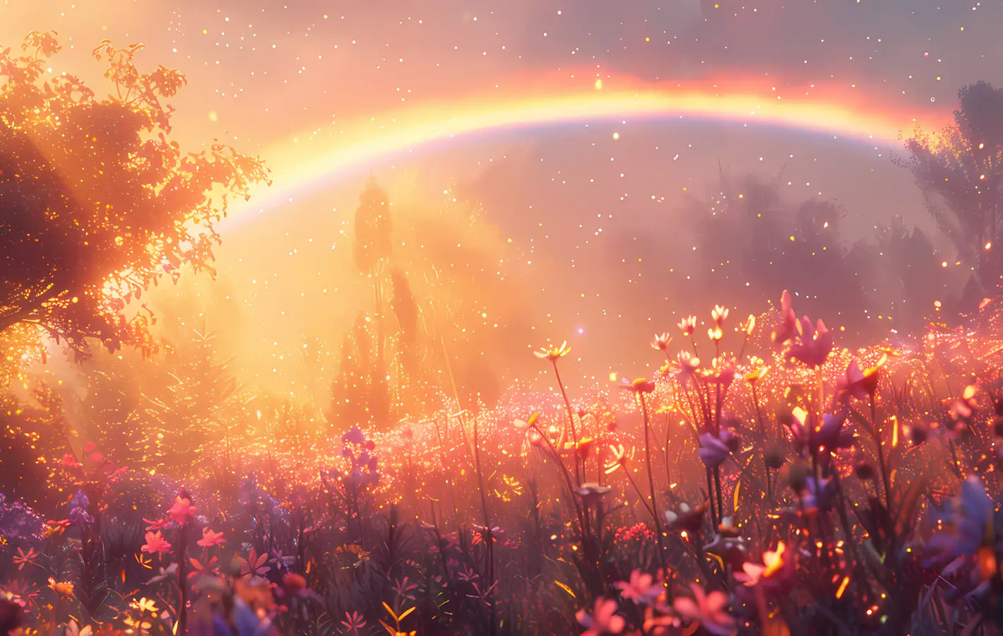 Colorful rainbow over a flower field — desktop and phone wallpaper, free download