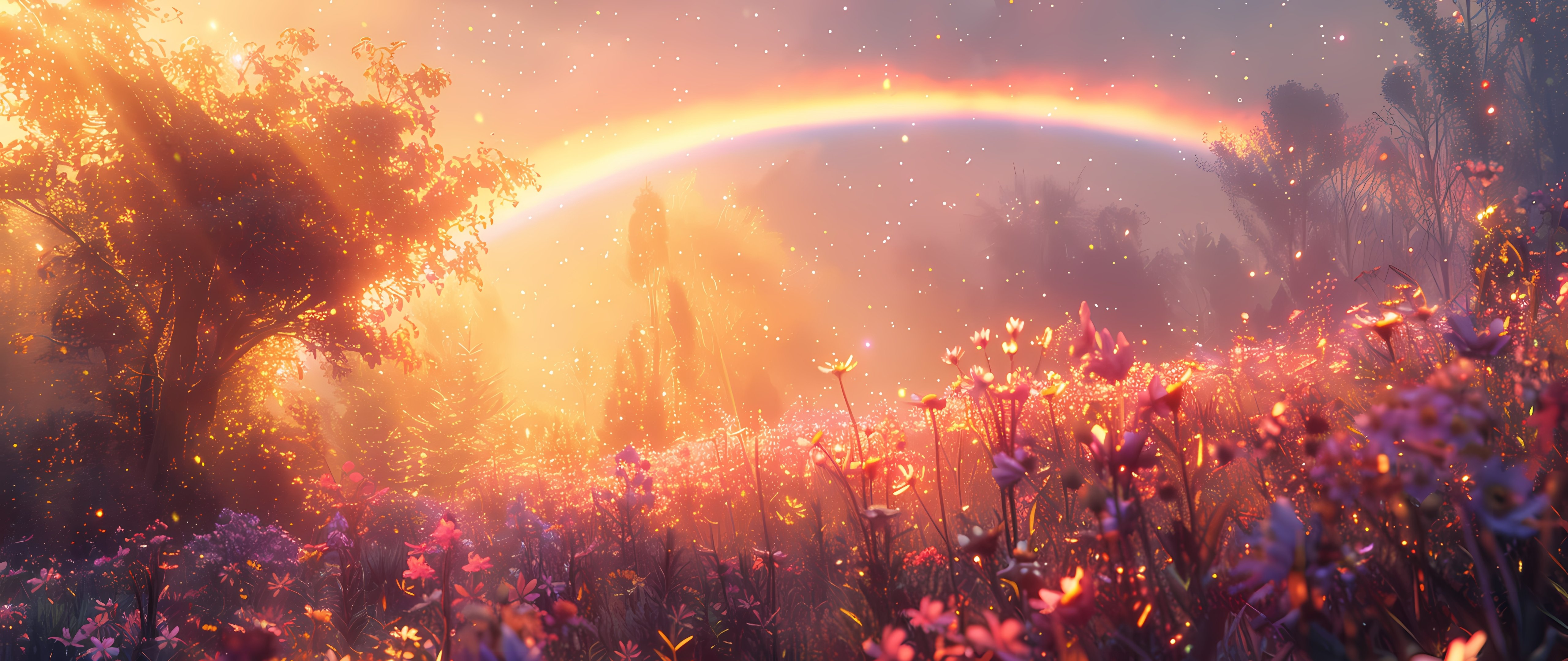 Colorful rainbow over a flower field - 5K2K UltraWide 21:9 wallpapers in 5120x2160 resolution