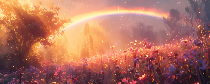UltraWide 32:9 обои (5120x1440): радуга, поле, цветы, луг