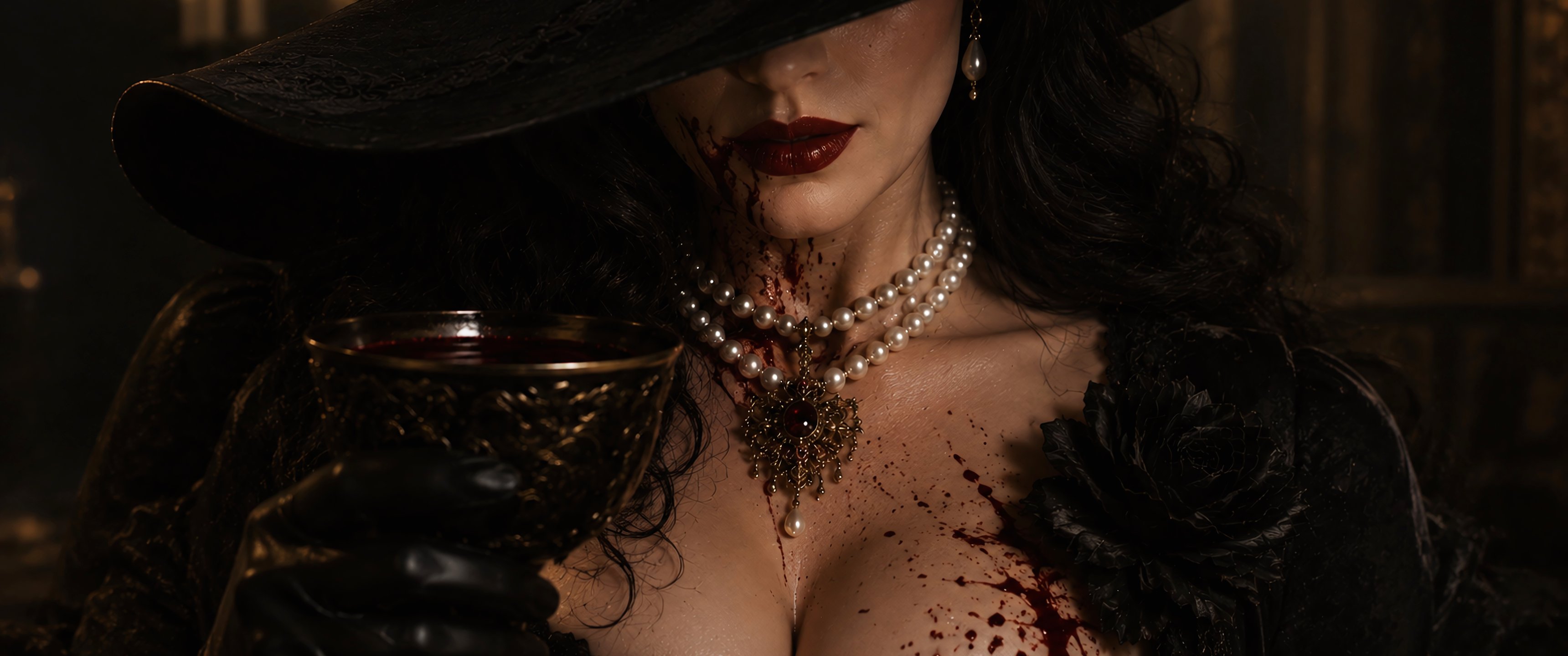 Lady Dimitrescu в черном платье и шляпе - UltraWide 21:9 обои в разрешении 3440x1440