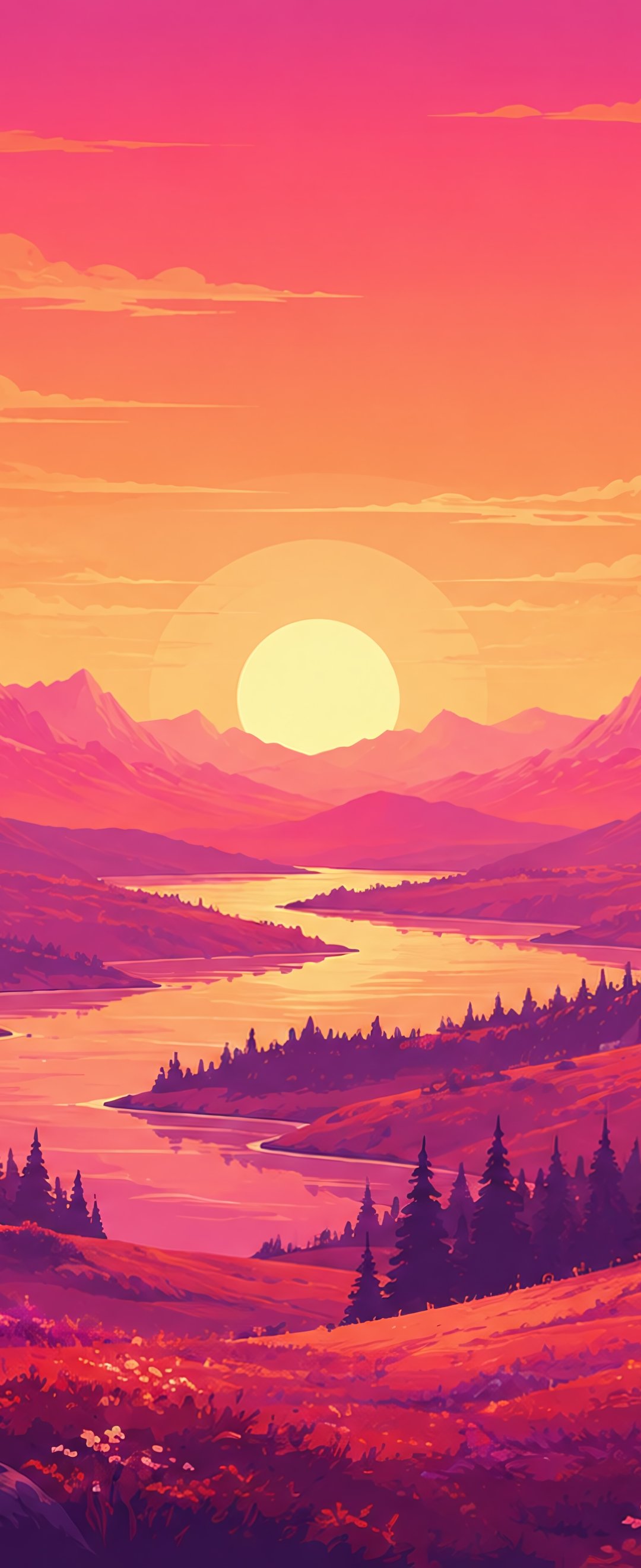 Colorful orange sunset over mountains and river - Wallpapers for Samsung Galaxy Z Flip6, Motorola Razr 2025 in 1080x2640 resolution