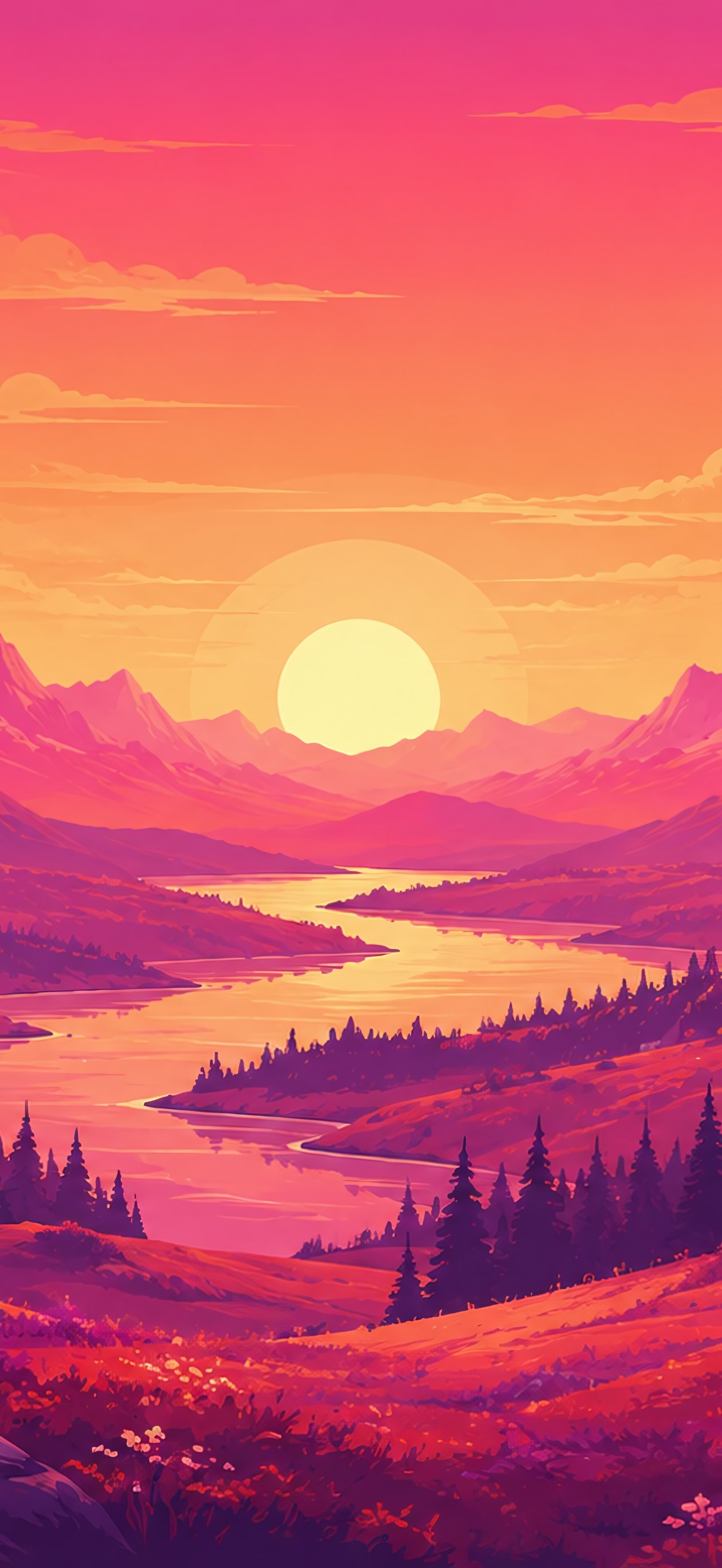 Colorful orange sunset over mountains and river - Wallpapers for iPhone Air in 1260x2736 resolution