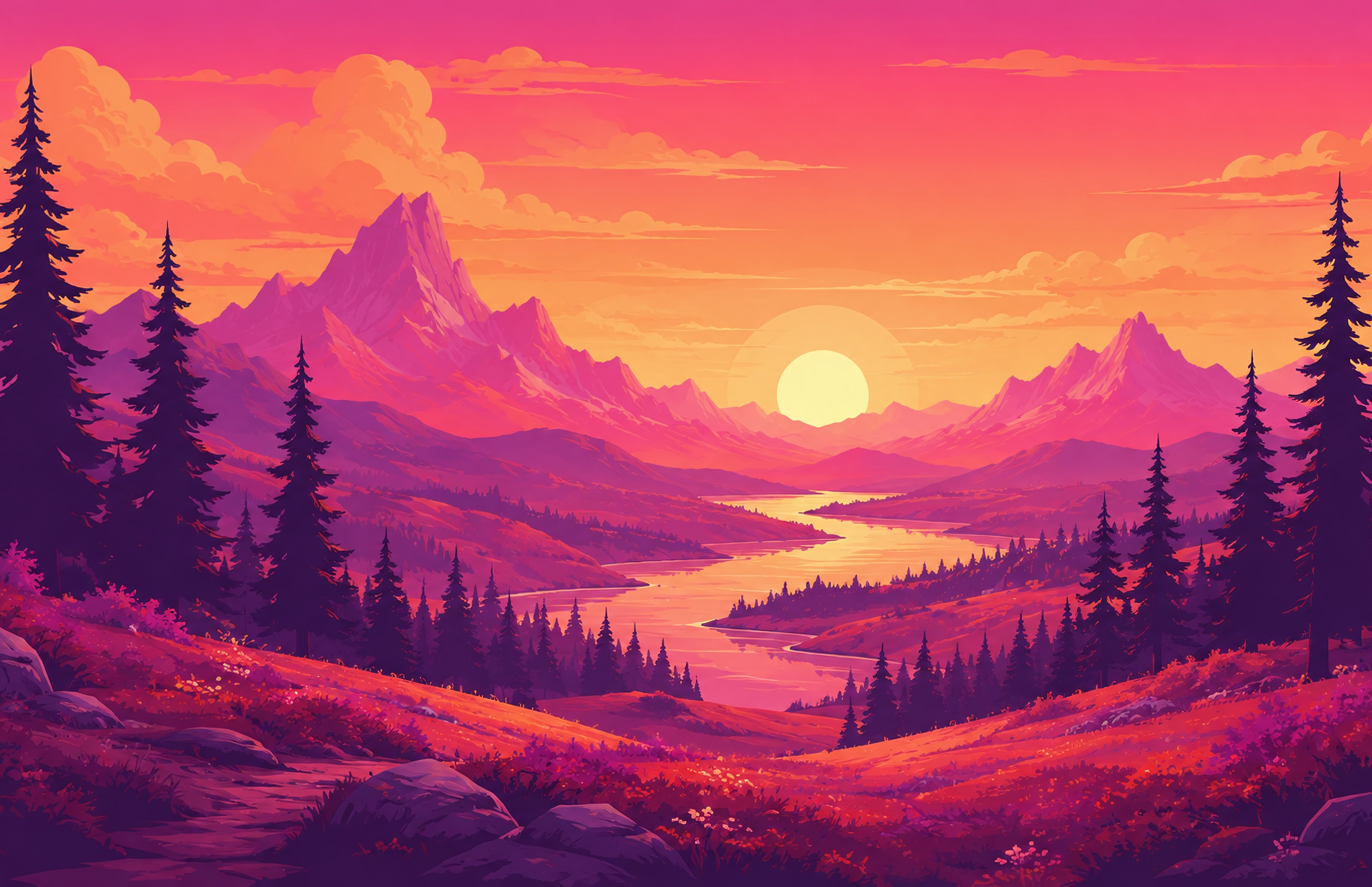 Colorful orange sunset over mountains and river - Wallpapers for Apple MacBook 16.2″ in 3456x2234 resolution