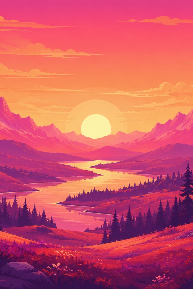 Colorful orange sunset over mountains and river - Wallpapers for iPhone 4/4S in 640x960 resolution