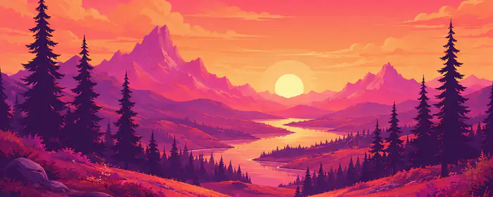 UltraWide 21:9 Illustrations wallpapers (3440x1440): colorful sunset, mountains, valley, river