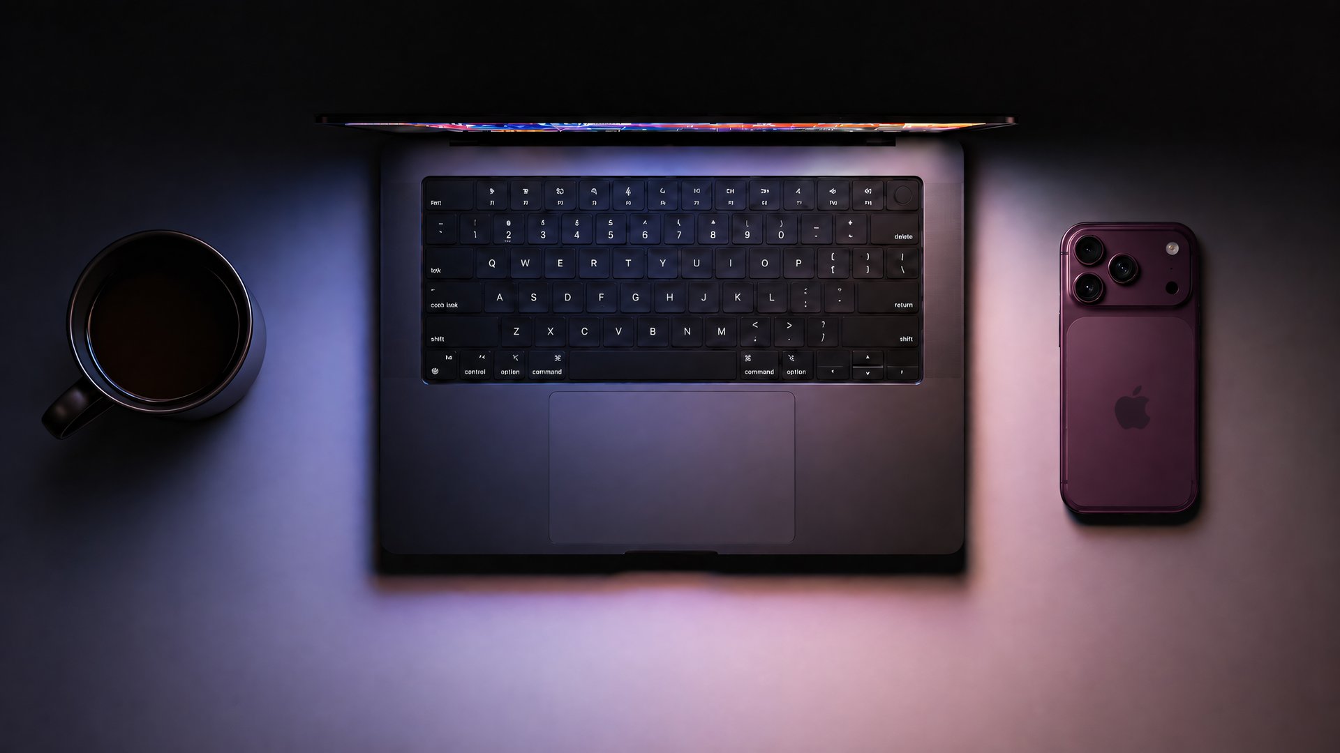 Night Workplace with Macbook and iPhone 18 Pro - Full HD wallpapers in 1920x1080 resolution