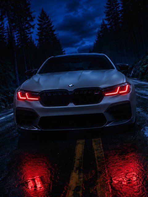 BMW M5 F90 with red LED headlights - Wallpapers for HTC/BlackBerry in 480x640 resolution